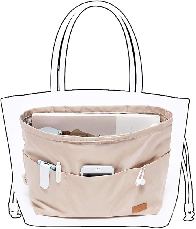 iN. Purse Organizer Insert with zipper Nylon fabric for women Handbags & Totebag beige Size: Large: 15.7"(Top)/12.2"(Bottom) L × 4.9"W × 10"H