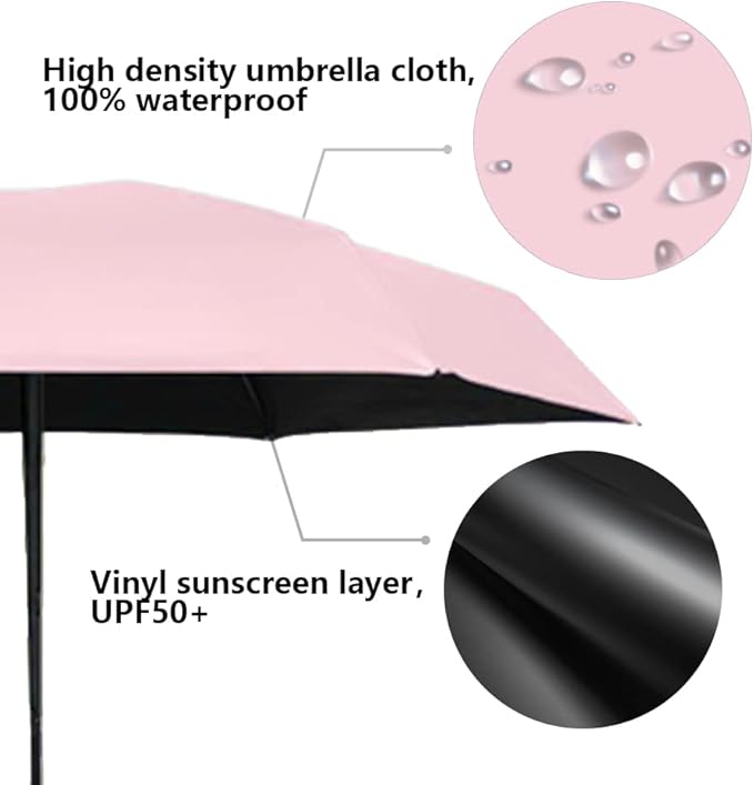 ESUFEIR Mini Sun Umbrella for Purse With Case, Small Compact UV Umbrella Travel Essentials, Lightweight Portable Parasol Windproof for Women Men Kids (Pink)