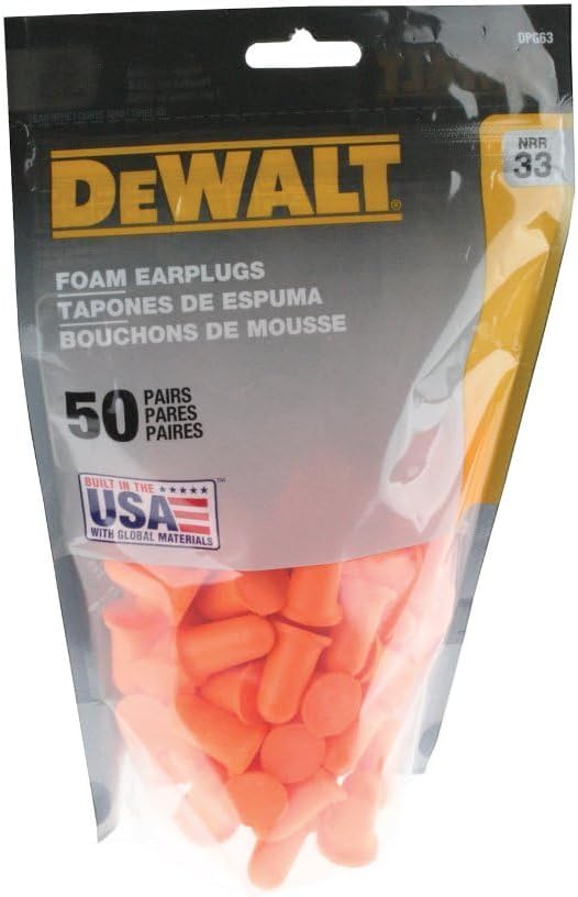 DEWALT DPG63BG50 Orange Bell Shaped Foam Earplugs - NRR 33 dB - Uncorded - 50 Pair Resealable Contractor Bag - Made in USA - ANSI S3.19 Compliant