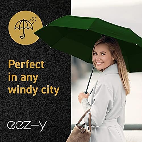 Windproof Compact Umbrella for Rain - 42” Travel Umbrella, Portable, Strong, Collapsible to 11”, Automatic Open Close Button, Vented Double Canopy with Fiberglass/Steel Frame, Wind Resistance to 55MPH