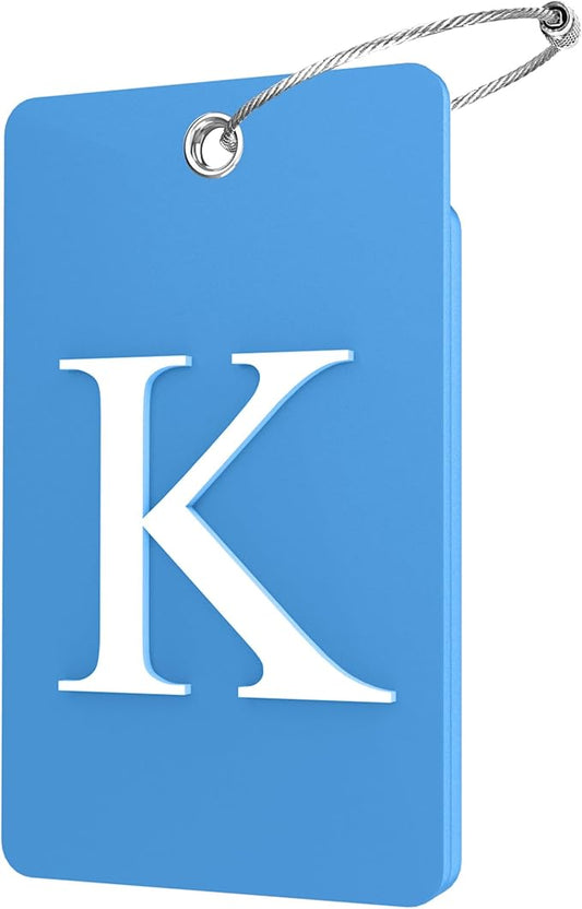 Gostwo 2 Pack Luggage Tags for Suitcases, 26 Initial Letter Travel Luggage Baggage Identification Labels ID Tag Fully Bendable Tags with Stainless Steel Loop (Blue) (Letter K)