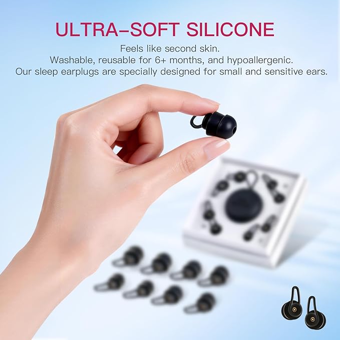 Side Sleeper Earplugs, 52dB Noise Reduction Silicone Ear Plugs for Sleeping, Pain-Free for Sensitive Ears, 3-Layer Anti-Slip, Reusable Set S/M/L + Case
