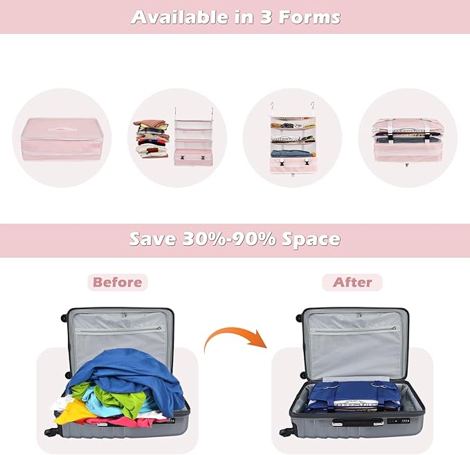 Surblue Hanging Closet Storage Bag Collapsible 3-Shelf Washable Oxford Fabric with 2 Hooks (XL 17.71*11.81*20in, Pink)