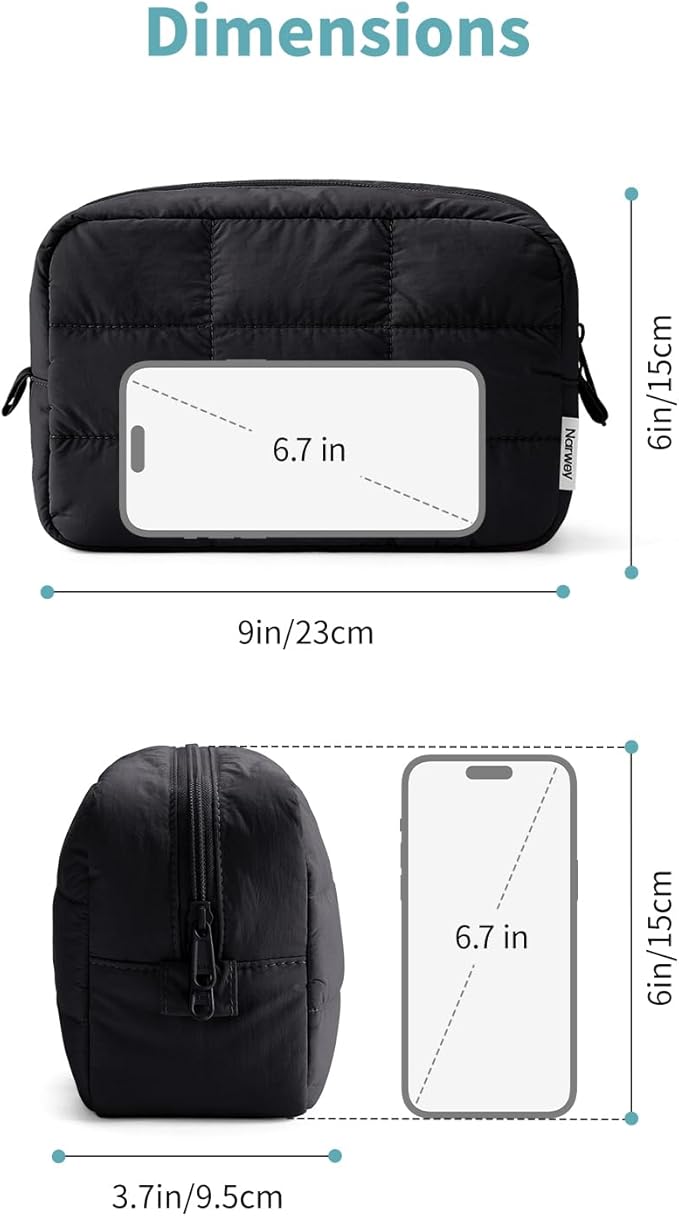 Narwey Quilted Makeup Bag for Women Girl, Puffer Travel Cosmetic Bag Puffy Make Up Bag Organizer, Cute Travel Toiletry Bag for Toiletries (Black)