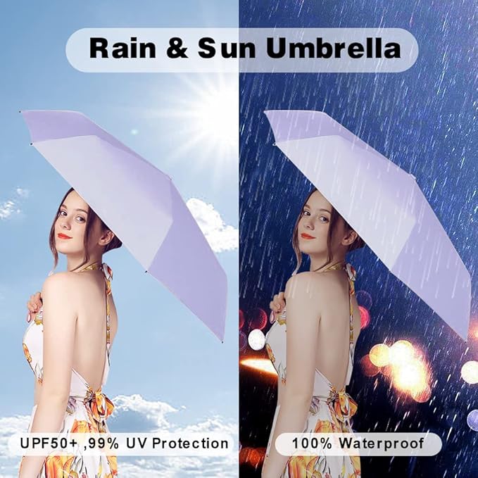ESUFEIR Mini Sun Umbrella for Purse With Case, Small Compact UV Umbrella Travel Essentials, Lightweight Portable Parasol Windproof for Women Men Kids (Purple)