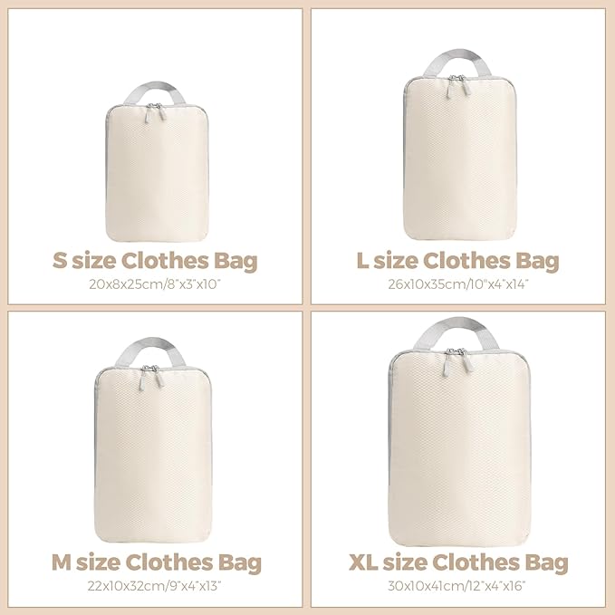 4 Set Compression Packing Cubes for Suitcase - Space-Saving Luggage Organizer Bags, Lightweight Travel Essentials for Efficient Packing (Beige)