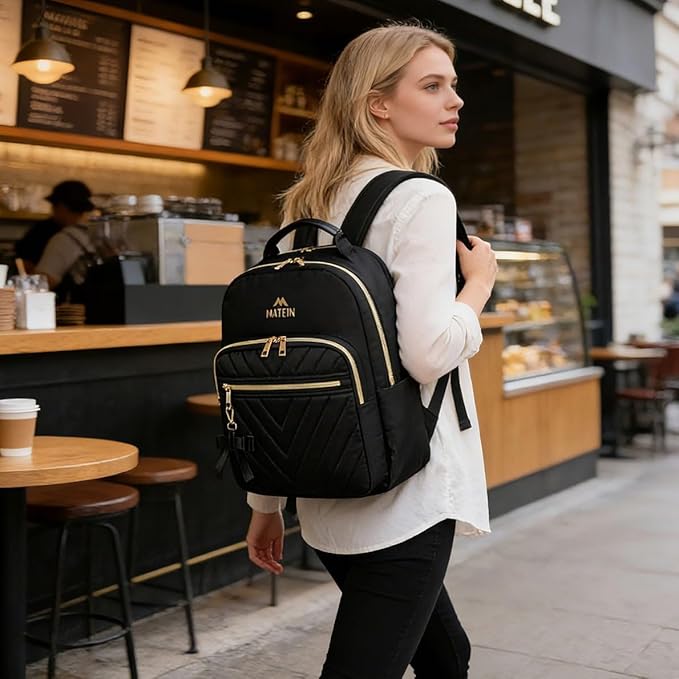 MATEIN Backpack Purse for Women, 15.6 inch Cute Stylish Waterproof Backpack Purse, Fashion Waterproof Casual Daily Shoulder Bag for College Work Travel, Gifts for Ladies, 2pcs Set, Black