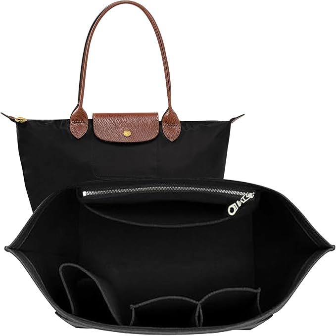 Doxo Purse Organizer Insert for Longchamp Le Pliage Tote, Large Bag Organizer with 8 Compartments, YKK Zipper Pocket Cup Holder, Handbag Shaper for Women, Fits Original/Green/Energy L Tote (Black, WL)