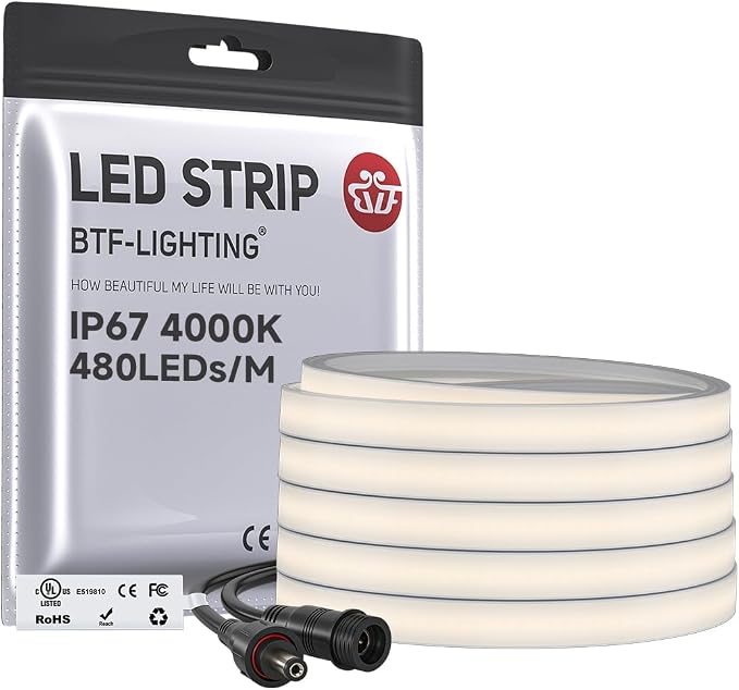 BTF-LIGHTING COB LED Strip Light, UL Listed Diffused Neon Light Natural White 4000K, IP67 Waterproof 16.4FT DC12V 10mm Width LED Light for Home Indoor DIY Lighting(No Adhesive, Adapter & Controller)