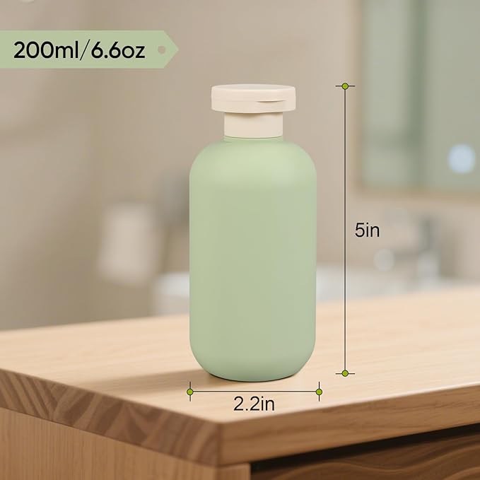 DEMORA 6.6oz Travel Bottles for Toiletries, Larger Plastic Travel Squeeze Bottles Leak Proof Refillable Toiletry Containers with Flip Caps and Labels for Shampoo Conditioner Lotion (Green, 4 Pcs)