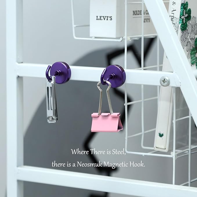 Neosmuk Magnetic Hooks,Heavy Duty Earth Magnets with Hook for Refrigerator, Extra Strong Cruise Hook for Hanging, Magnetic Hanger for Curtain, Grill(Purple, 6 Pack)