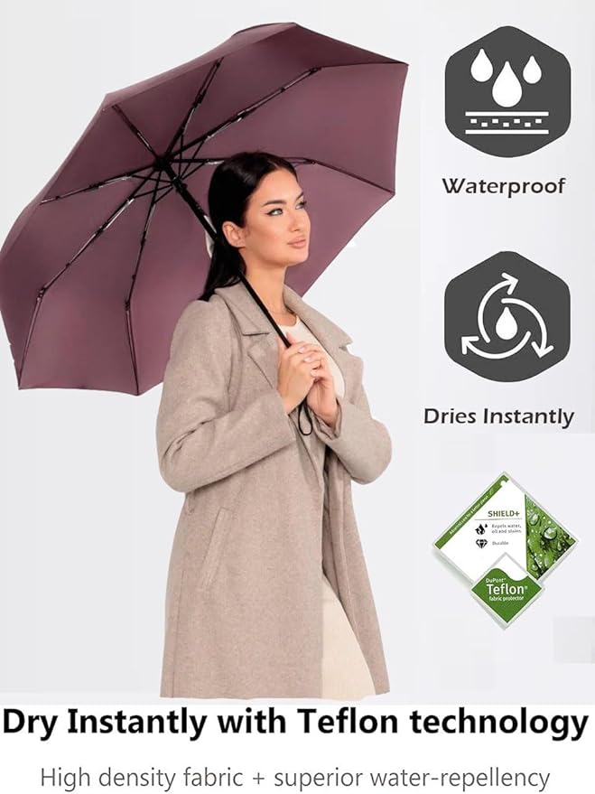 Windproof Travel Umbrella - Compact, Light, Full Automatic Open/Close - Folding Backpack Umbrella for Rain & Sun UV Preotection For Men & Women, Unbreakable 8 Fiberglass Ribs UK Design