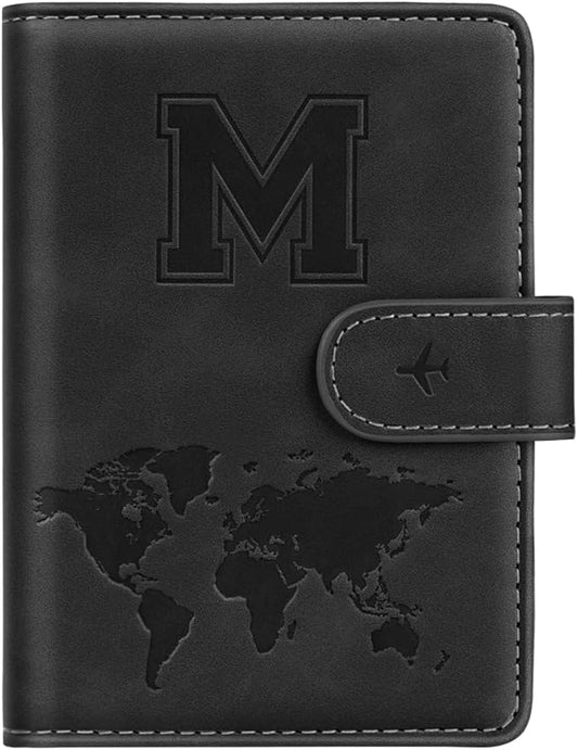 Passport Holder Wallet Cover Personalized Letter A-Z Travel Wallet RFID Blocking Passport Cover Wallet Case for Travel Passport Book Holders for Women and Men, Black-M