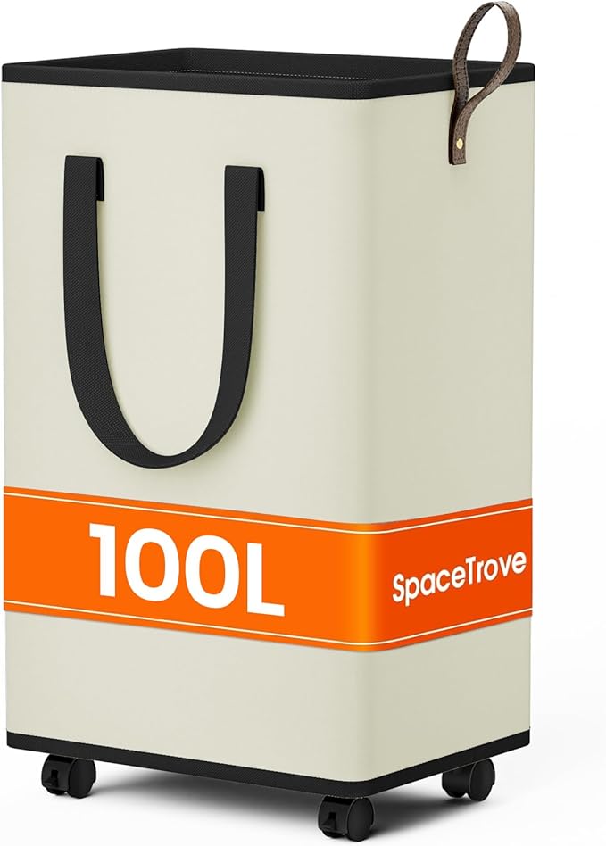 Laundry Basket with Wheels, Collapsible Laundry Baskets, Laundry Hamper with Handles Detachable Wheels, Rolling Laundry Basket, Dirty Clothes Hamper for Bathroom, Dorm, Bedroom, Cream, 100L