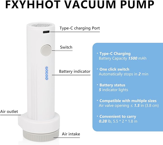 Cordless Electric Vacuum Pump for Vacuum Storage Bags Travel, Travel Air Pump, Portable USB Rechargeable Seal & Compression Bag Pump Space Saver for Clothes, Blankets & Bedding (Without Storage Bags)