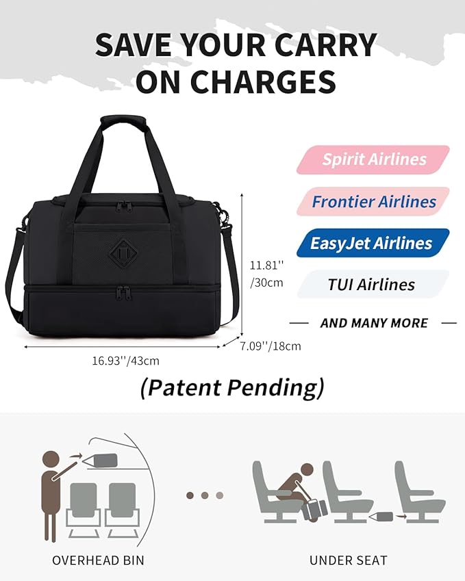 WANDF Travel Duffel Bag with Wet Pocket & Shoe Compartment, 18x14x8 Personal Item Bag with USB Charging Port, Water-Resistant Gym Weekender Overnight Carry-on for Women Men (Black)