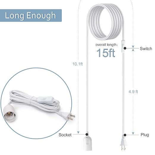 UL 15Ft Extension Hanging Lantern Cord Cable JACKYLED 4-Pack | 360W with E26 E27 Socket On/Off Button Pendant Lighting