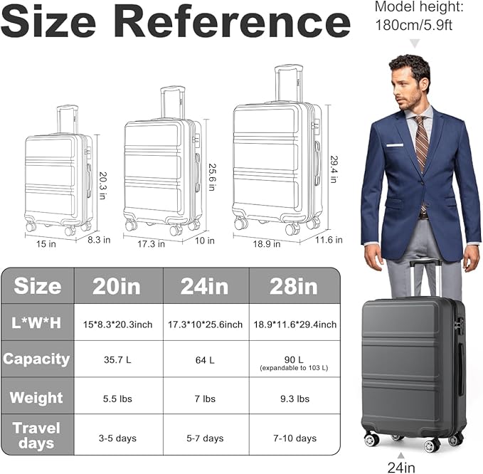 Kono 24 Inch Luggage Suitcase with Spinner Wheels TSA Lock Lightweight PC+ABS Hardside Medium Checked Luggage Durable Rolling Suitcase Grey