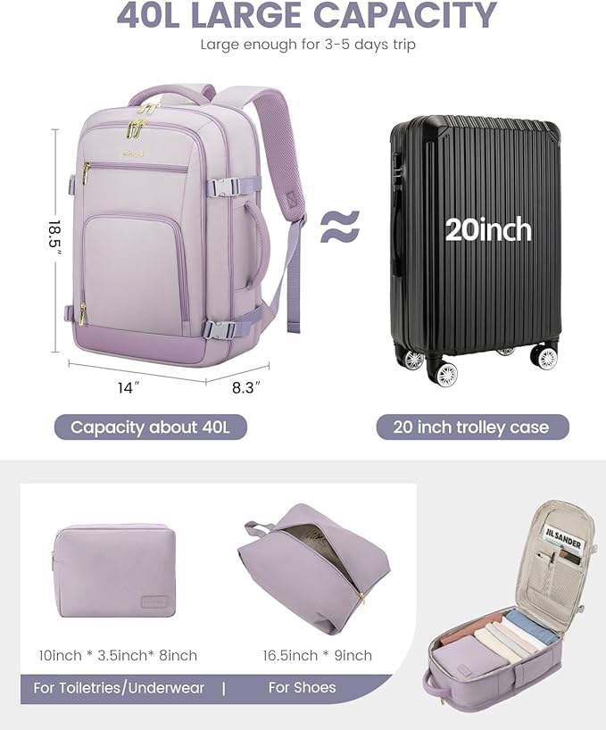 LOVEVOOK Travel Backpack For Women, 40L Carry On Backpack Flight Approved, TSA Personal Item Travel Bag Fits 17 Inch Laptop, Business Weekender Overnight Waterproof Daypack With 2 Cubes, Light Purple