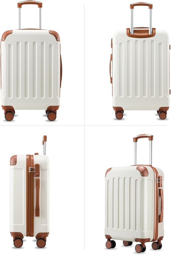 Carry On Luggage 22x14x9 Airline Approved, Hardside Suitcase with Wheels, TSA Approved, Tote Bag, White Brown