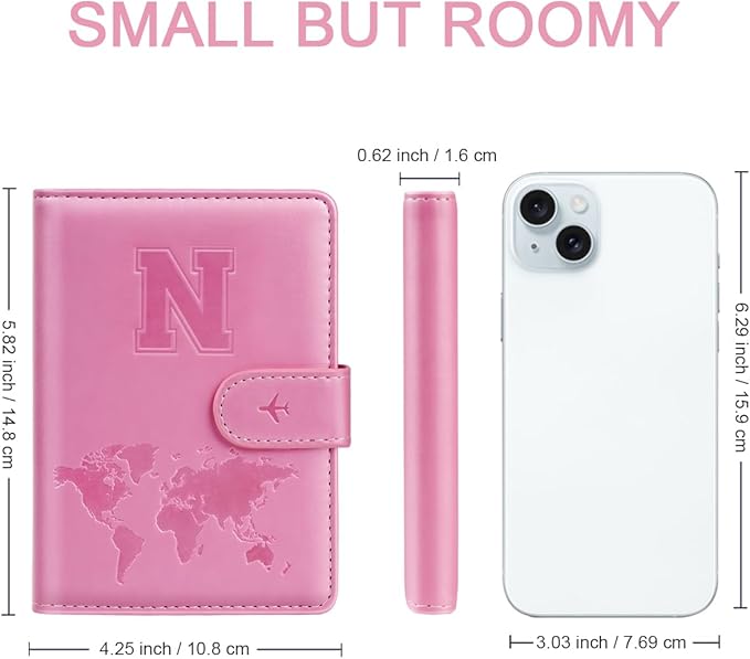 Passport Holder Cover Initail Letter A-Z Travel Wallet Embossed Design RFID Blocking Card Holder Personalized Gift Passport Cover Wallet, Passport Book Holders for Women and Girls, Pink-N
