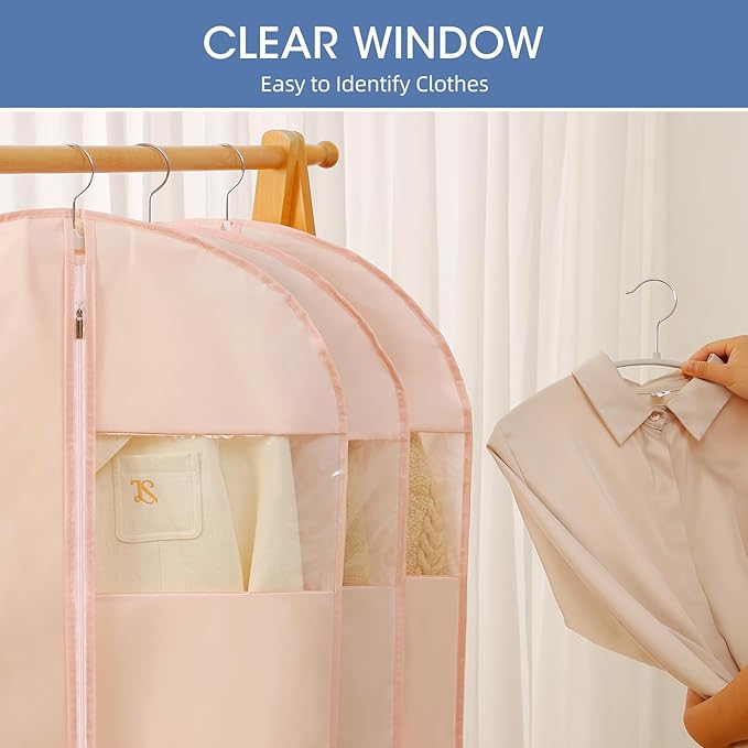 Dress Bags for Gowns, 65'' Pink Garment Bags for Hanging Clothes, Dress Garment Bag Women, Long Dress Cover with Clear Window for Dresses, Coats, Uniforms（2 Pack）