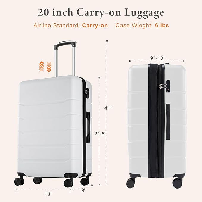 Sweetcrispy Carry on Luggage, Hard Shell ABS Suitcase with Double Spinner Wheels, Lightweight Expandable Rolling Suit Case with TSA Lock, 21 Inch Milky-White