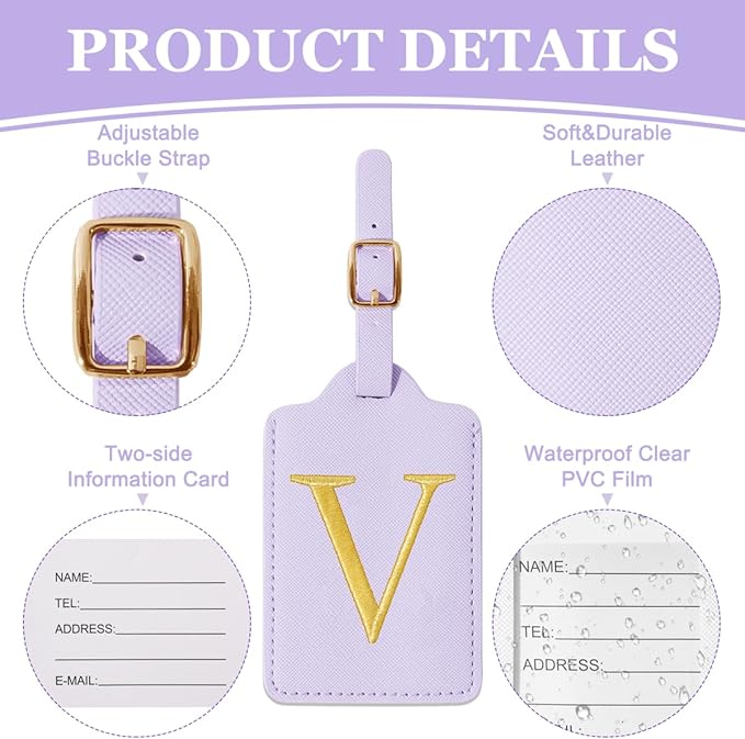 Personalized Initial Luggage Tags for Suitcases,Leather Letter Cute Luggage Tags with Privacy Name Card,Embroidered Monogrammed Travel Bag Backpack Tag Gifts for Women Kids Girls Teens(Purple-V)