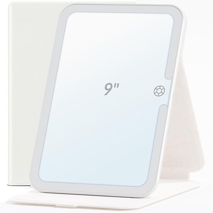 Travel Makeup Mirror with Lights, Lighted Vanity Mirror, 9", Pearl White