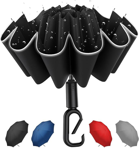 Windproof Compact Travel Umbrella,Large Strong but Light Portable and Automatic Folding Rain Umbrella, small inverted for travel size