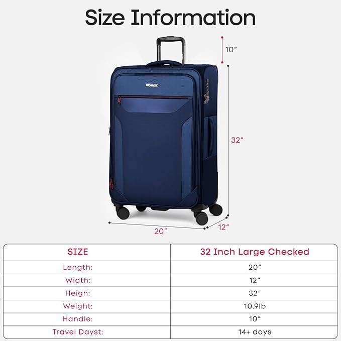 Softside Suitcases with Wheels 32 Inch Luggage,Expandable 20% Luggage w/Spinner Wheels and TSA LOCK,Large Checked Suitcase for Men/Women（Navy,32in）