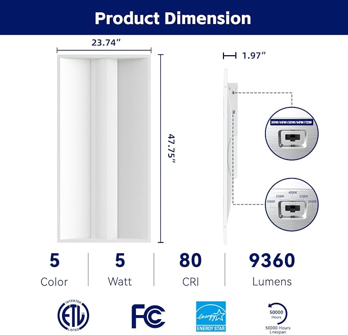 20Pack 2x4 FT LED Center Basket Troffer Light, 5CCT Color Tunable 3000/3500/4000/5000/6500K, Watt Adjustable 72W/60/50/40/30W, 0-10V Dimmable Drop Ceiling Lights, 120-277V-ETL Qualified