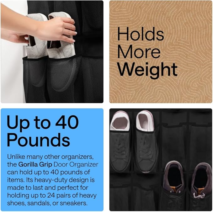 GORILLA GRIP Over the Door Shoe Organizer, 24 Large Breathable Mesh Pockets, Space Saving Hanging Storage Holder, Closet Rack Hanger Holds Up to 40 lbs, Hangs on Closets for Shoes, Accessories, Black