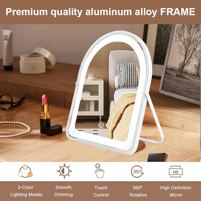 YEKKOPT Rechargeable Vanity Mirror with Lights,10"×7.8" Arched LED Makeup Mirror with Lights, Smart Touch Control Dimmable 3 Modes Light up Mirror for Dorm Desk Dressing Room,Gift for Women
