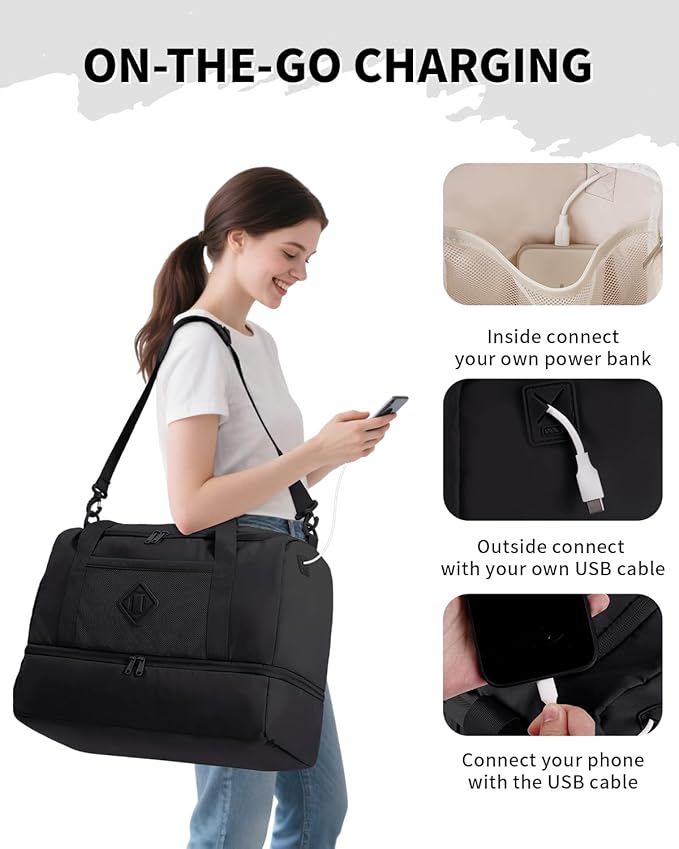 WANDF Travel Duffel Bag with Wet Pocket & Shoe Compartment, 18x14x8 Personal Item Bag with USB Charging Port, Water-Resistant Gym Weekender Overnight Carry-on for Women Men (Black)