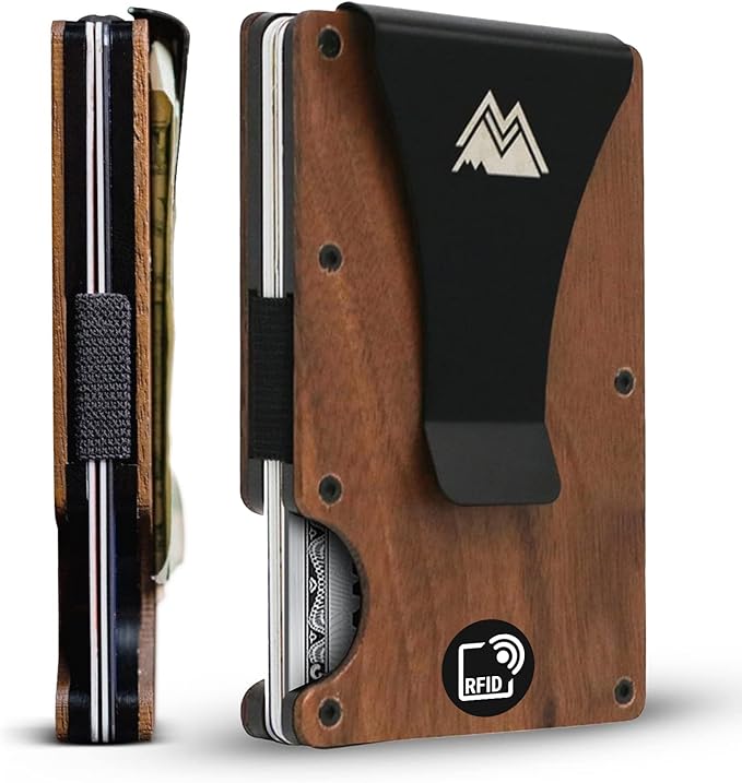 Mountain Voyage Co Minimalist Wallet for Men - Slim RFID, Scratch Resistant, Natural Walnut Wood Credit Card Holder & Money Clip, Easily Removable Money & Cards, Mens Wallets