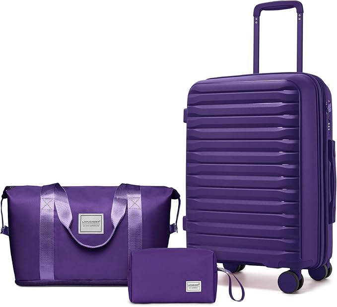 LARVENDER Luggage Sets 3 Piece, Expandable Hardside PP Carry On Luggage Suitcase with 360° Spinner Wheels TSA Lock Suitcase Set for Women Men, Grape Purple