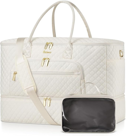 Travel Duffle Bag, Wide Open Large Weekender Bag for Women with Shoe Compartment, Carry on Overnight Bags with Toiletry Bag, Hospital Bag for Women Labor Delivery with Wet Pocket (Beige)
