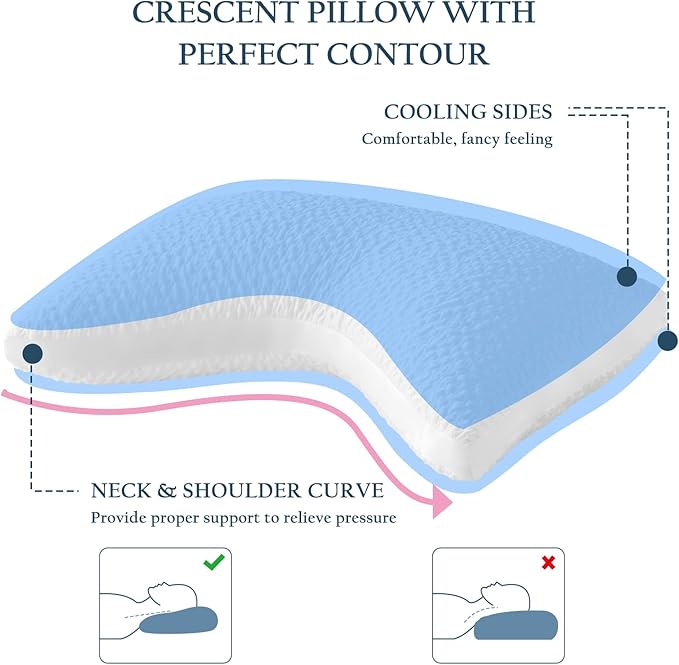 Side Sleeper Pillows for Adults, Adjustable Shredded Memory Foam Bed Pillows for Neck and Shoulder Pain, Standard White Cooling Curved Pillows with Washable Cover