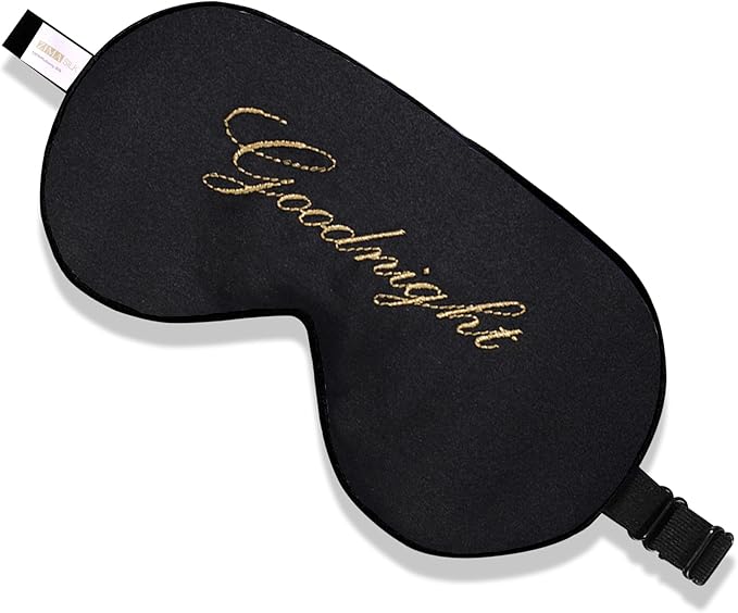 ZIMASILK 100% Natural Silk Sleep Mask Blindfold,Adjustable Super-Smooth Soft Eye Mask for Sleep with Bag(Good Night - Black)