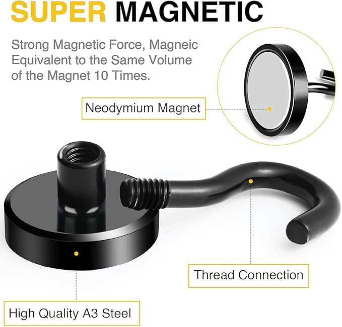 DIYMAG Black Magnetic Hooks, 50 LB Heavy Duty Strong Magnets with Hooks, Rare Earth Neodymium Magnetics Hooks for Cruise Cabins Cruise Ship Essentials 8 Packs