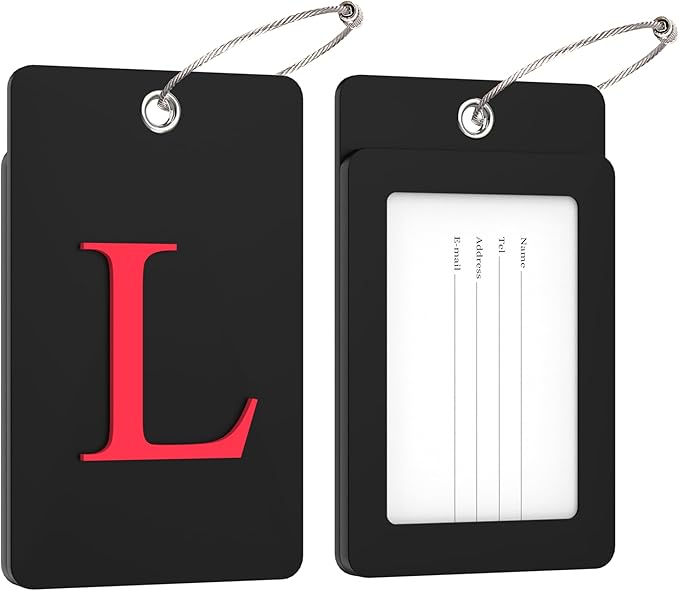 Gostwo 2 Pack Luggage Tags for Suitcases, 26 Initial Letter Travel Luggage Baggage Identification Labels ID Tag Fully Bendable Tags with Stainless Steel Loop (Black) (Letter L)