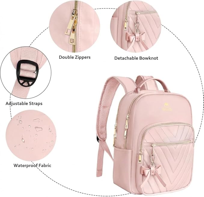 MATEIN Bowknot Cute Backpack Purse, Fashion Mini Shoulder Bag, Waterproof Lightweight Travel Daily Backpack College Handbag for Ladies Women, 2pcs Sets, Pink