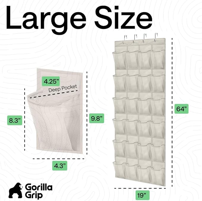 GORILLA GRIP Over the Door Shoe Organizer, 24 Large Breathable Mesh Pockets, Space Saving Hanging Storage Holder, Closet Rack Hanger Holds Up to 40 lbs, Hangs on Closets for Shoes, Accessories, Linen