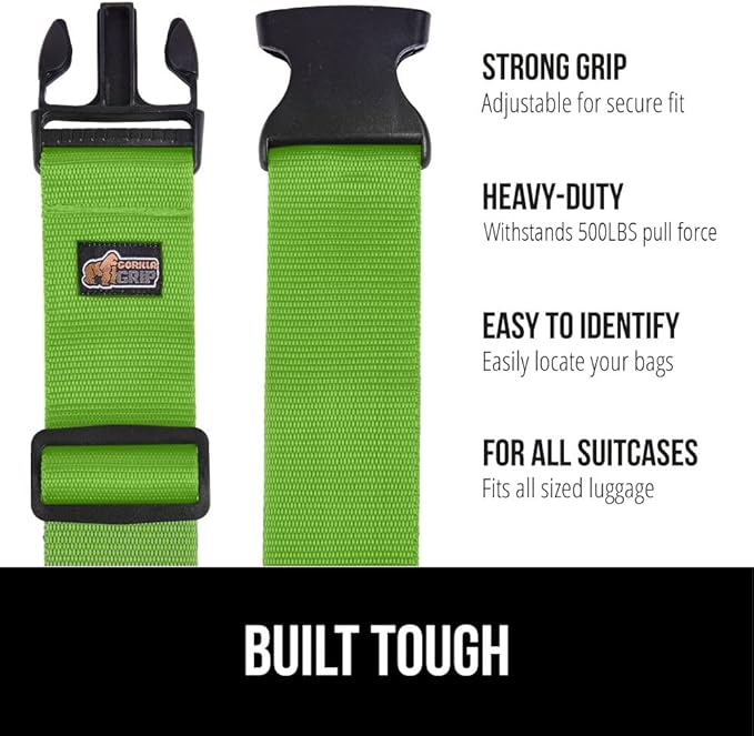 GORILLA GRIP Heavy Duty 8 Pack Adjustable Luggage Straps for Suitcases, Easy to Identify Travel Belt Connector Holds Suitcase Together, Extends Life of Bag, Strap Connects Two Bags, Accessories Green