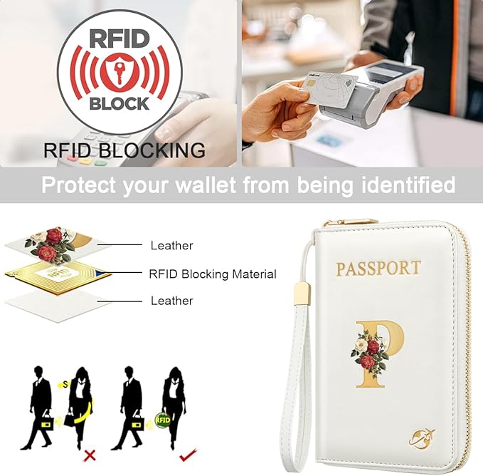 Passport Holder for Travel Personalized Passport Holder Initial Letter Rose Flower RFID Blocking Travel Wallets Credit Cards Holder for Women Men, White P