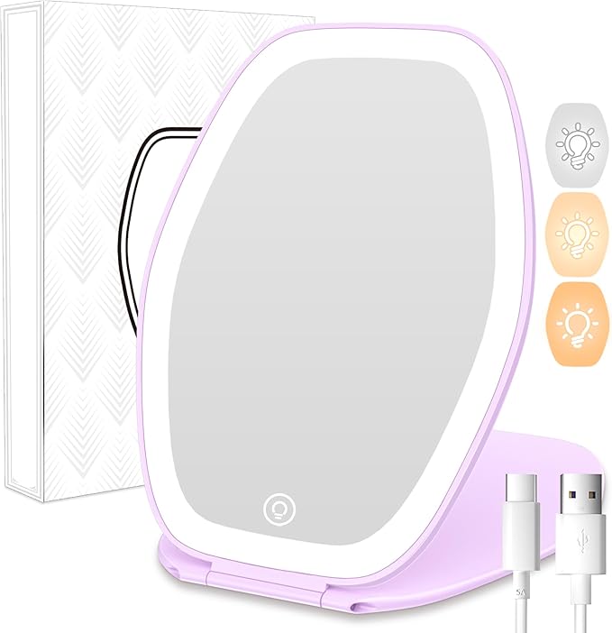 COSYGLOW Travel Makeup Mirror with Light: 3 Color Lighting Portable Mirror with Touch Screen Rechargeable Adjustable LED Lights Hexagon Vanity Mirror for Travel, Desk, Home (Purple)