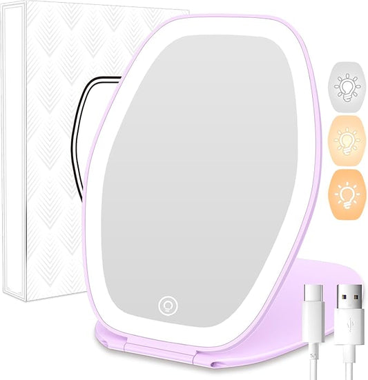 COSYGLOW Travel Makeup Mirror with Light: 3 Color Lighting Portable Mirror with Touch Screen Rechargeable Adjustable LED Lights Hexagon Vanity Mirror for Travel, Desk, Home (Purple)