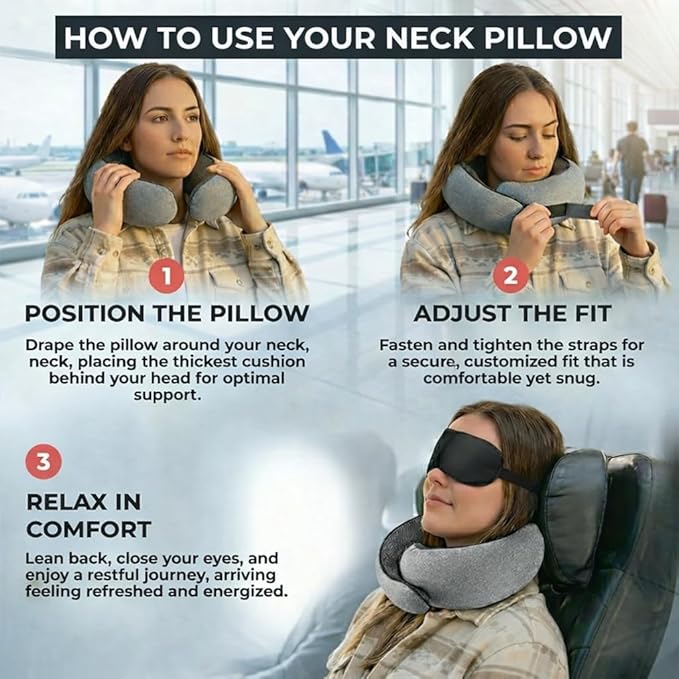 Travel Neck Pillow Memory Foam – Best Airplane Neck Pillow for Long Flights, Soft Ergonomic Neck Support, Compact Travel Pillow for Plane & Car, Airplane Travel Essentials
