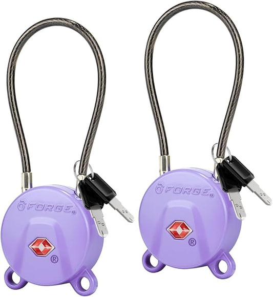 Forge TSA Approved Luggage Locks Ultra-Secure Dimple Key Locks, Cable Lock, for Travel with Zinc Alloy Body- 2 Purple Locks